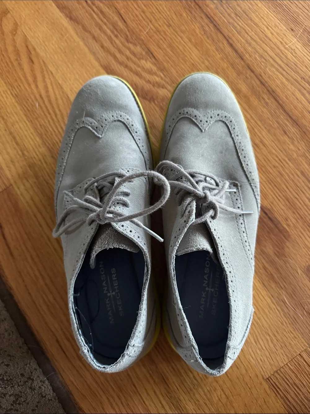 Mark Nason Gray Suede Wingtip Derby with Yellow Accent Sole